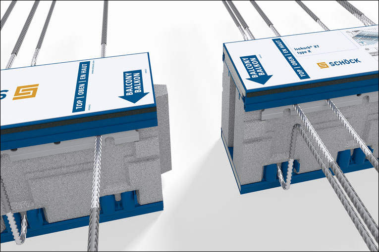 Destiné aux éléments en porte-à-faux, le Schöck Isokorb XT type K présente la meilleure performance thermique du marché, avec une valeur psi de 0,11 W/m.K.  [©Schöck]