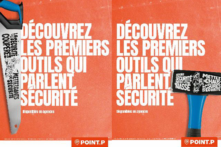 Point.P met en avant la sécurité, en faisant parler ses outils : une scie, une masse et un disque diamanté. [©Point.P]