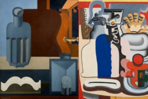 1- “Guitare verticale” (1ère version), vers 1920, huile sur toile, Fondation Le Corbusier, Paris. [© 2025, FLC/ProLitteris, Zurich] Et “Nature morte au siphon”, 1928, huile sur toile, Fondation Le Corbusier, Paris [© 2025, FLC/ProLitteris, Zurich]