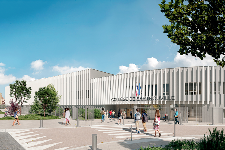 Entrée principale de la Cité scolaire de Sartrouville, telle qu’elle apparaîtra, une fois sa construction achevée. [©Officina et Gianni Ranaulo Design/Archi Graphi Image]