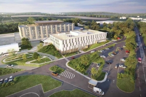 Réalisée par Spie Batignolles, l’extension du centre hospitalier Jeanne-de-Navarre de Château Thierry comprendra une surface de 7 200 m2 de planchers, répartis sur plusieurs niveaux. [©CRR Architecture]